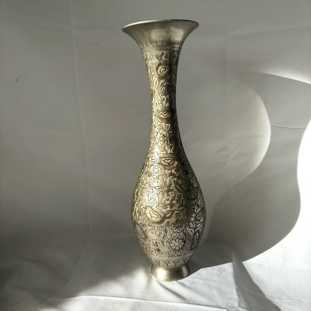 Vintage silver plated brass etched floral vase home decor accent - Picture 1 of 5